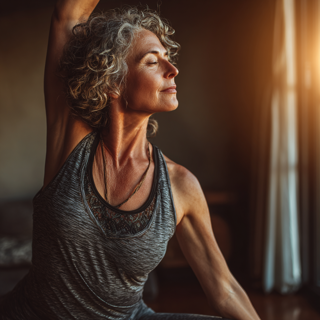 Mature woman in her early 50s practicing advanced yoga poses, showing strength and flexibility in a peaceful indoor setting