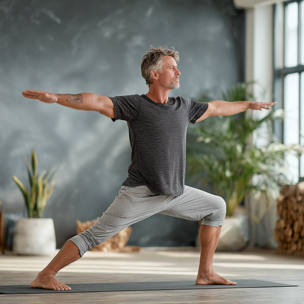 Middle-aged man around 45 years old performing yoga poses in a bright studio, demonstrating proper alignment and mindful practice