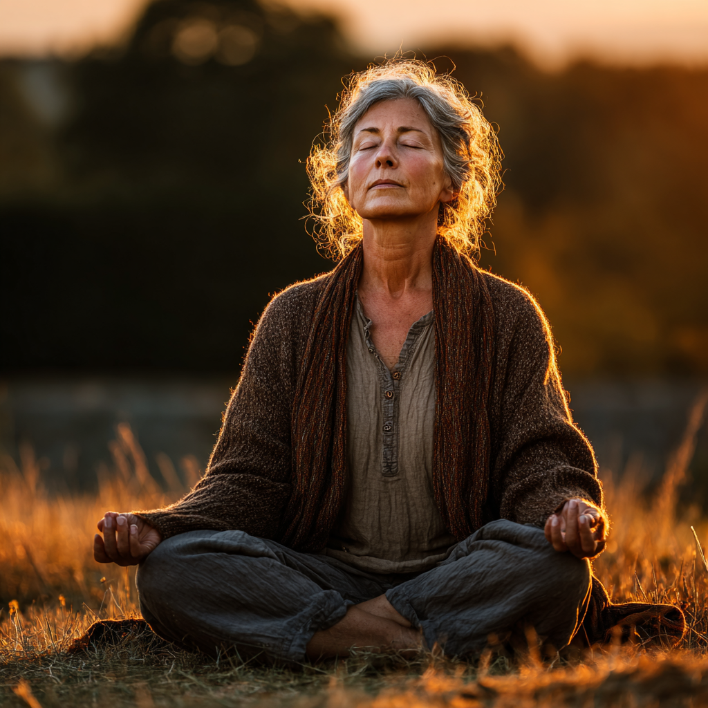 Peaceful mature woman in her 50s practicing yoga meditation outdoors in nature, sitting cross-legged with eyes closed in serene contemplation